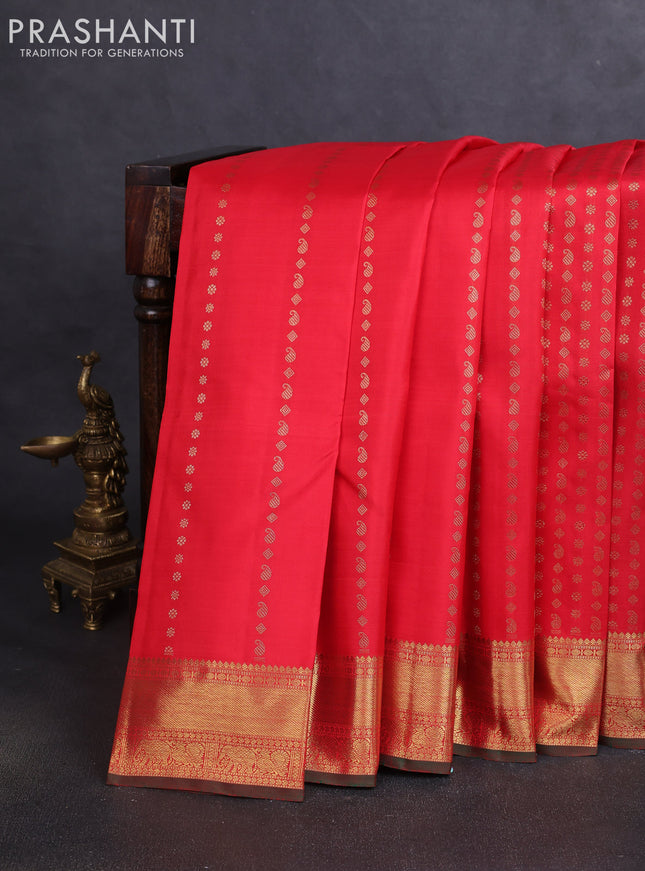 Pure kanchipuram silk saree red with allover zari weaves and rich zari woven border