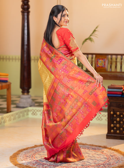 Pure tissue kanchipuram silk saree gold and maroon with allover zari woven butta weaves and long zari woevn paithani style border