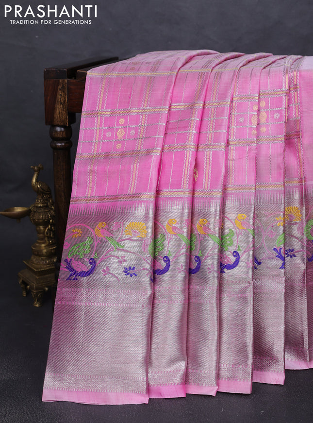 Venkatagiri silk saree light pink with allover zari checks & buttas and long silver zari woven border