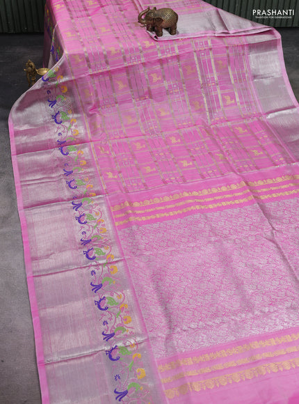 Venkatagiri silk saree light pink with allover zari checks & buttas and long silver zari woven border
