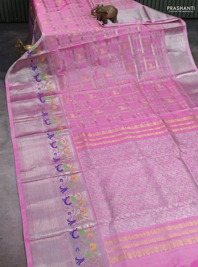 Venkatagiri silk saree light pink with allover zari checks & buttas and long silver zari woven border