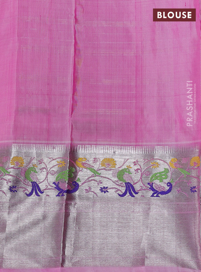 Venkatagiri silk saree light pink with allover zari checks & buttas and long silver zari woven border