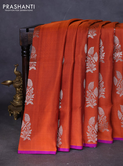 Venkatagiri silk saree rust shade and purple with silver zari woven floral buttas in borderless style