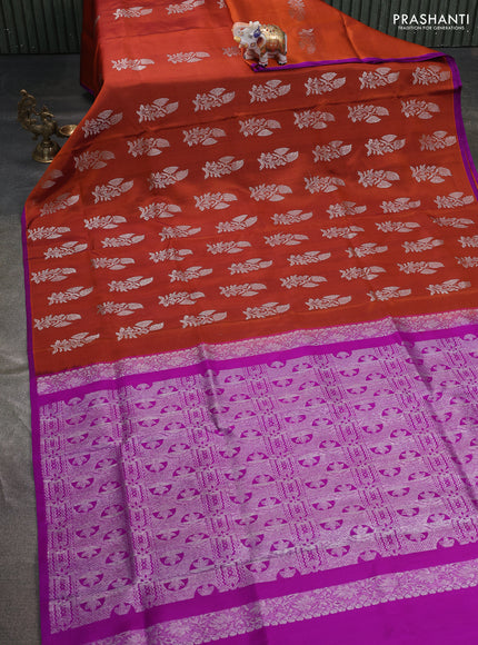 Venkatagiri silk saree rust shade and purple with silver zari woven floral buttas in borderless style