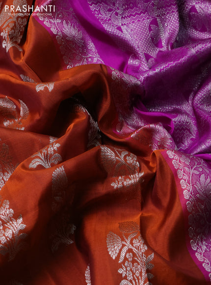 Venkatagiri silk saree rust shade and purple with silver zari woven floral buttas in borderless style