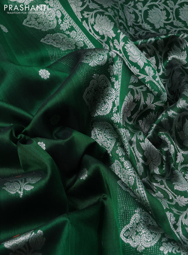 Venkatagiri silk saree bottle green with silver zari woven floral buttas and silver zari woven border