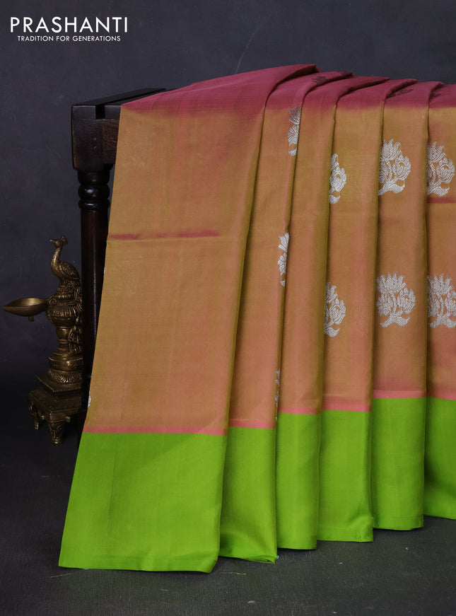 Venkatagiri silk saree dual shade of peach shade and light green with silver zari woven floral buttas and simple border