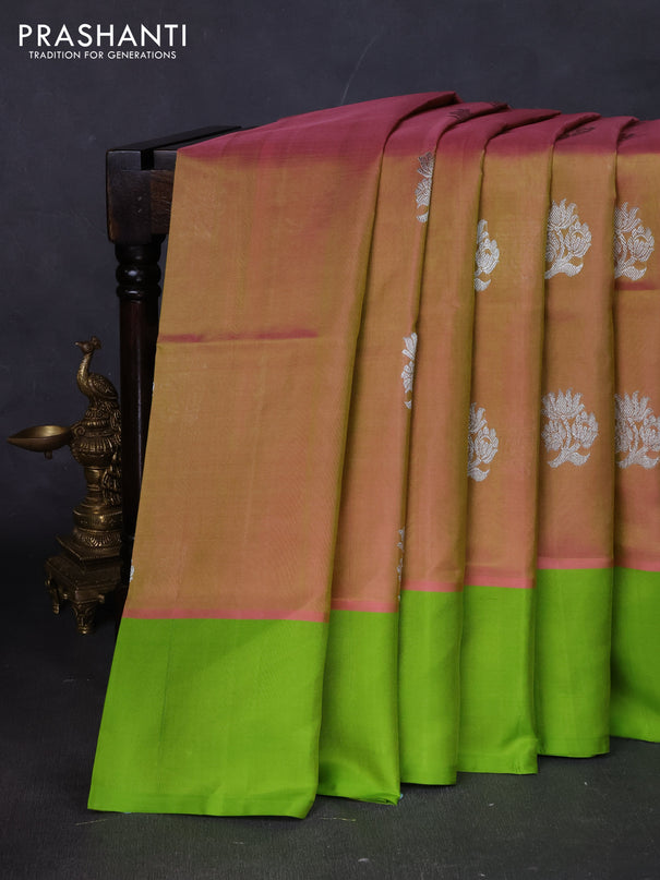 Venkatagiri silk saree dual shade of peach shade and light green with silver zari woven floral buttas and simple border