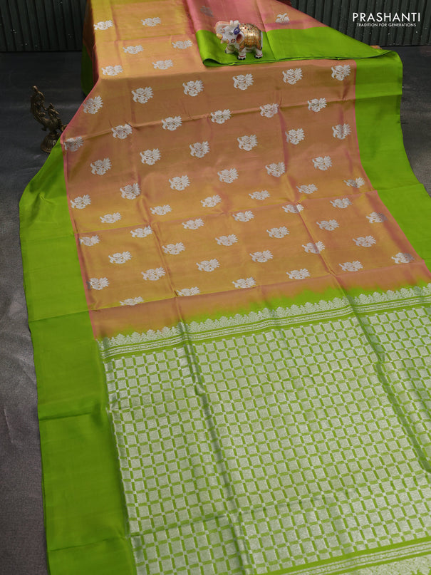 Venkatagiri silk saree dual shade of peach shade and light green with silver zari woven floral buttas and simple border