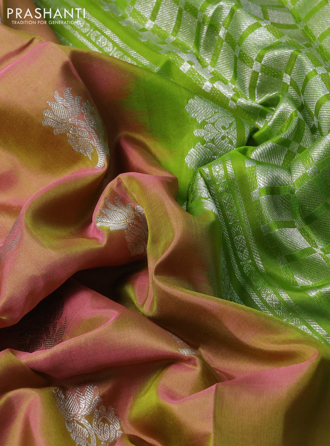 Venkatagiri silk saree dual shade of peach shade and light green with silver zari woven floral buttas and simple border