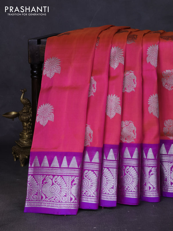 Venkatagiri silk saree dual shade of pinkish orange and purple with silver zari woven buttas and silver zari woven border