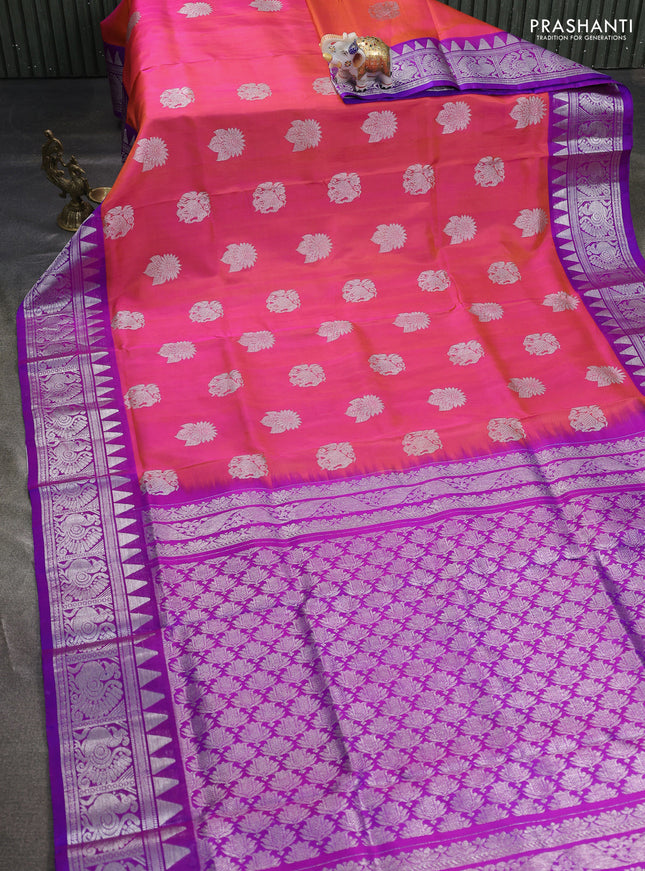 Venkatagiri silk saree dual shade of pinkish orange and purple with silver zari woven buttas and silver zari woven border