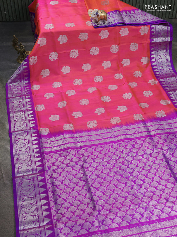 Venkatagiri silk saree dual shade of pinkish orange and purple with silver zari woven buttas and silver zari woven border