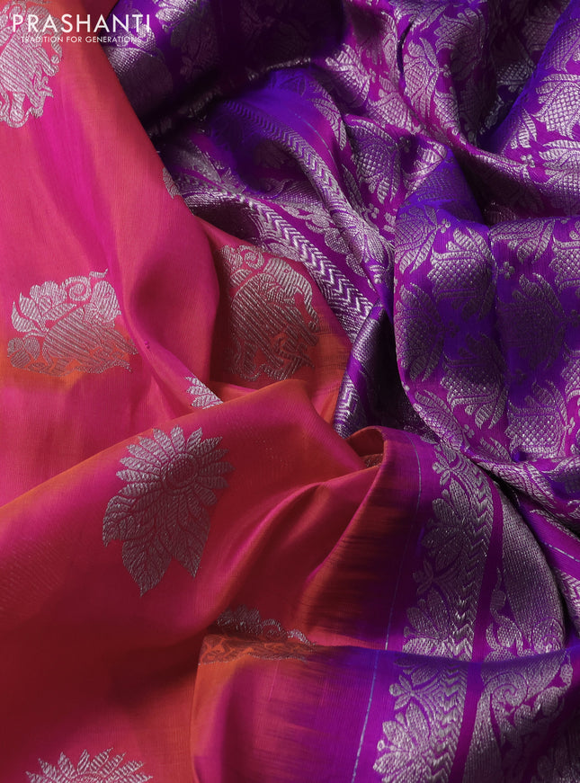 Venkatagiri silk saree dual shade of pinkish orange and purple with silver zari woven buttas and silver zari woven border