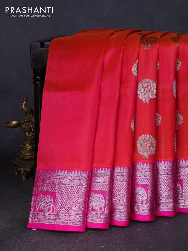 Venkatagiri silk saree dual shade of pinkish orange and pink with silver zari woven buttas and silver zari woven border