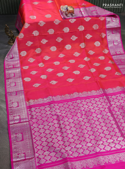 Venkatagiri silk saree dual shade of pinkish orange and pink with silver zari woven buttas and silver zari woven border