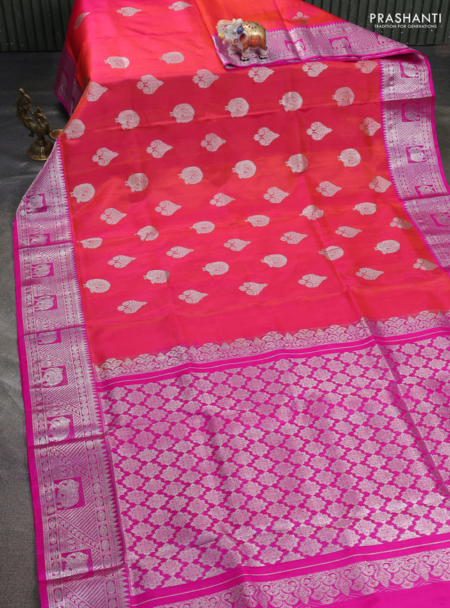 Venkatagiri silk saree dual shade of pinkish orange and pink with silver zari woven buttas and silver zari woven border