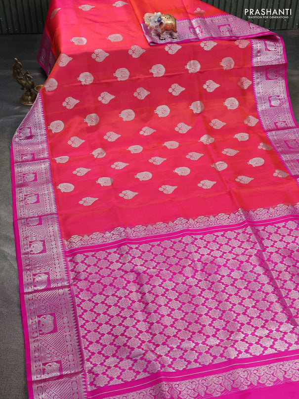 Venkatagiri silk saree dual shade of pinkish orange and pink with silver zari woven buttas and silver zari woven border