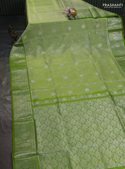 Venkatagiri silk saree pista green and light green with silver zari woven buttas and silver zari woven border