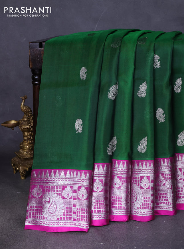 Venkatagiri silk saree bottle green and purple with silver zari woven buttas and silver zari woven border