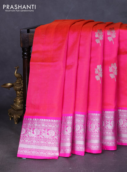 Venkatagiri silk saree dual shade of pinkish orange and pink with silver zari woven buttas and silver zari woven border