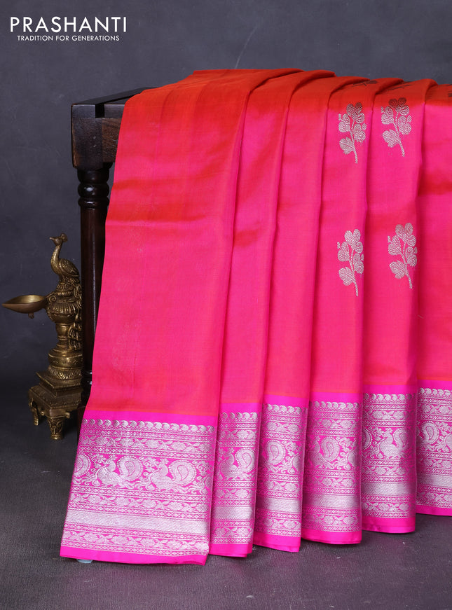 Venkatagiri silk saree dual shade of pinkish orange and pink with silver zari woven buttas and silver zari woven border