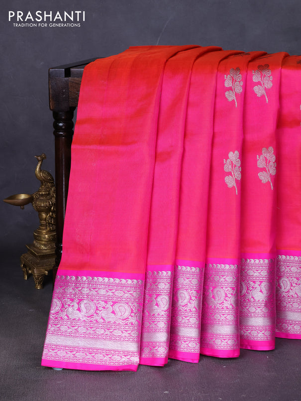 Venkatagiri silk saree dual shade of pinkish orange and pink with silver zari woven buttas and silver zari woven border
