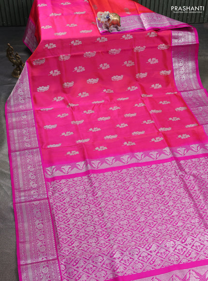 Venkatagiri silk saree dual shade of pinkish orange and pink with silver zari woven buttas and silver zari woven border