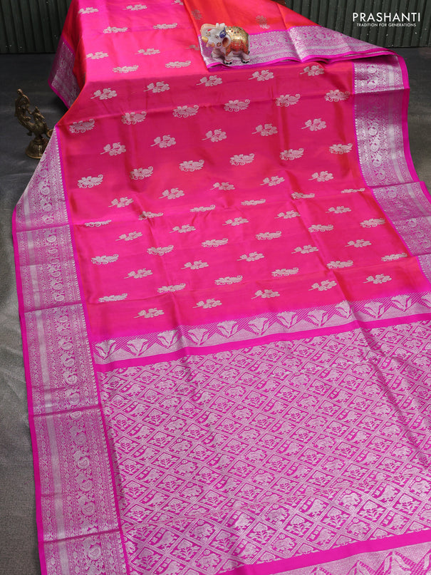 Venkatagiri silk saree dual shade of pinkish orange and pink with silver zari woven buttas and silver zari woven border