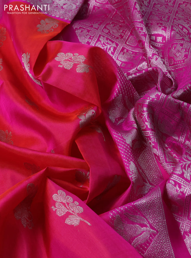 Venkatagiri silk saree dual shade of pinkish orange and pink with silver zari woven buttas and silver zari woven border