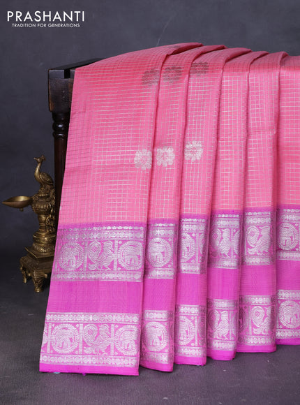 Venkatagiri silk saree light pink and purple with allover silver zari checks & buttas and long rettapet silver zari woven border