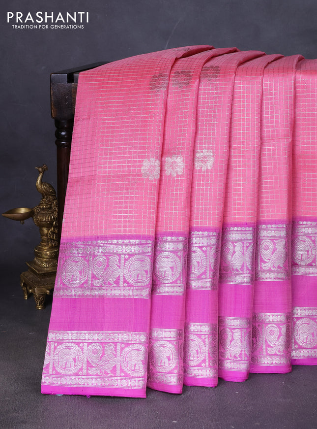 Venkatagiri silk saree light pink and purple with allover silver zari checks & buttas and long rettapet silver zari woven border