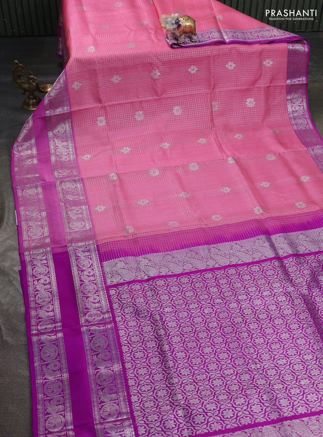 Venkatagiri silk saree light pink and purple with allover silver zari checks & buttas and long rettapet silver zari woven border