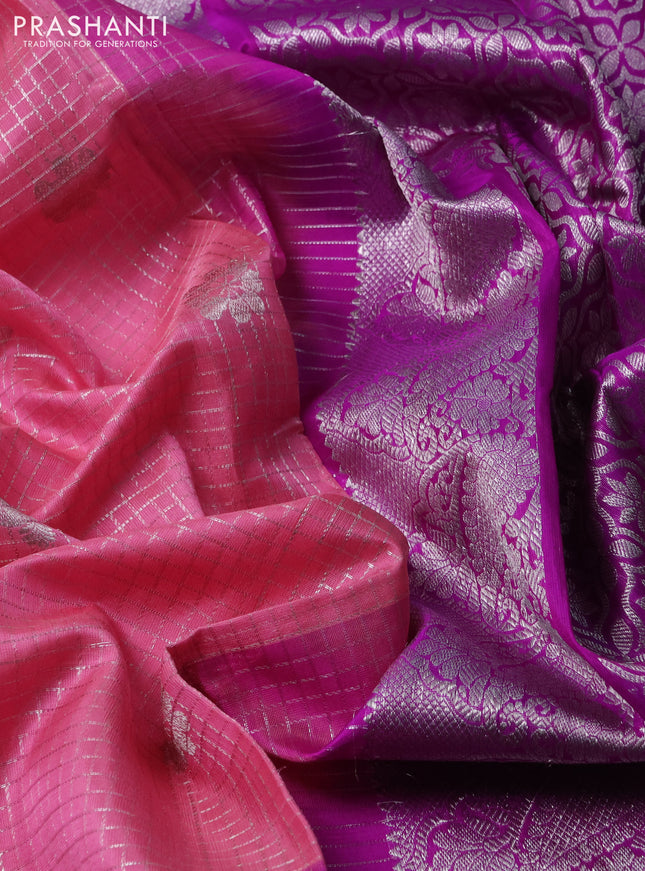 Venkatagiri silk saree light pink and purple with allover silver zari checks & buttas and long rettapet silver zari woven border
