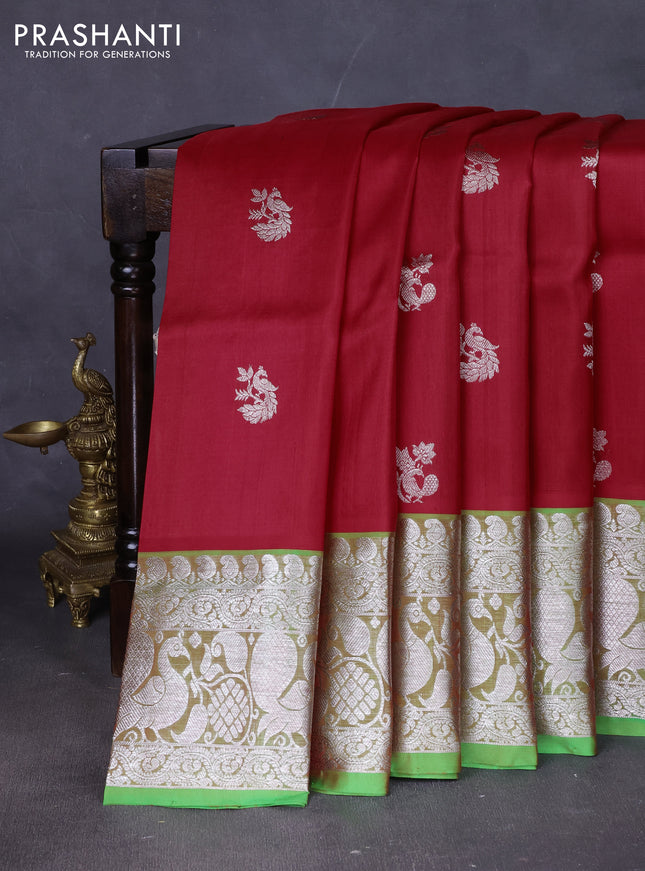 Venkatagiri silk saree red and light green with allover silver zari woven buttas and silver zari woven annam border