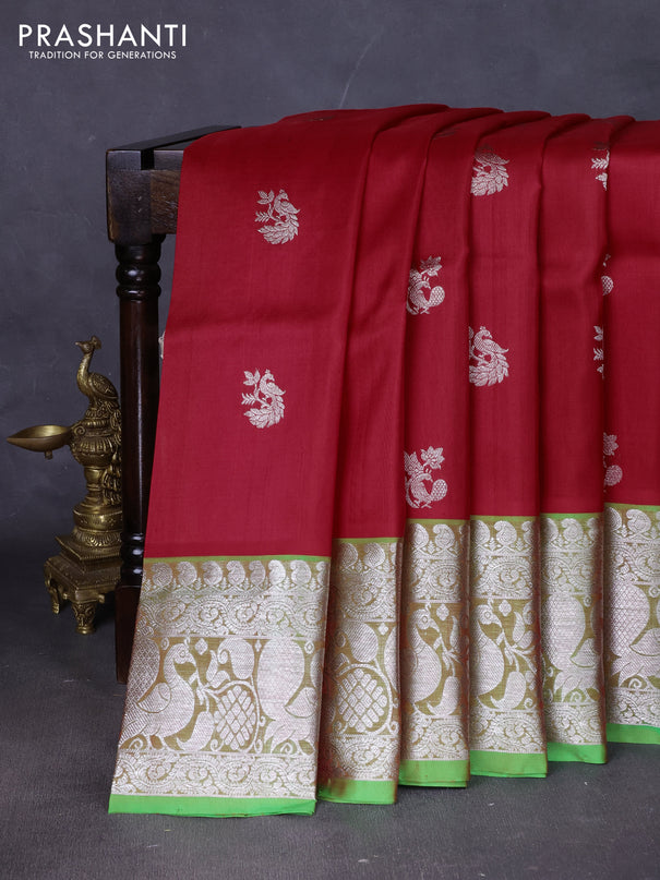 Venkatagiri silk saree red and light green with allover silver zari woven buttas and silver zari woven annam border