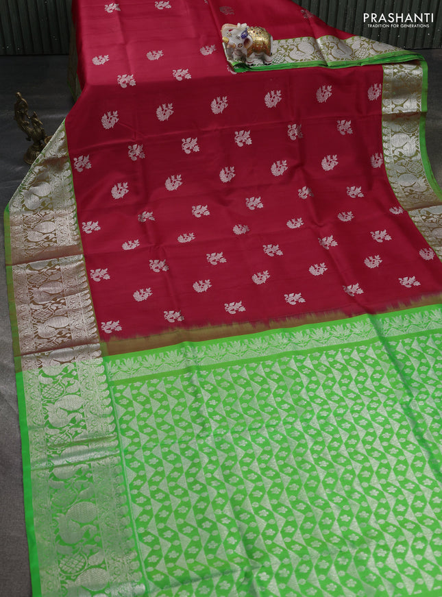Venkatagiri silk saree red and light green with allover silver zari woven buttas and silver zari woven annam border