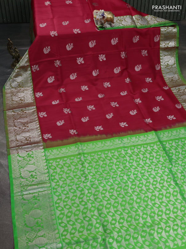 Venkatagiri silk saree red and light green with allover silver zari woven buttas and silver zari woven annam border