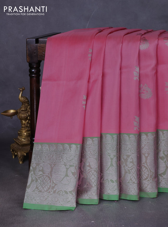 Venkatagiri silk saree light pink and light green with allover silver zari woven buttas and silver zari woven annam border