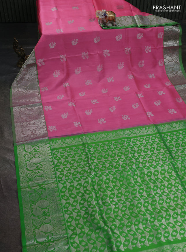 Venkatagiri silk saree light pink and light green with allover silver zari woven buttas and silver zari woven annam border