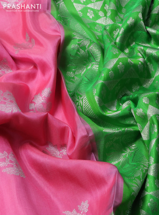 Venkatagiri silk saree light pink and light green with allover silver zari woven buttas and silver zari woven annam border