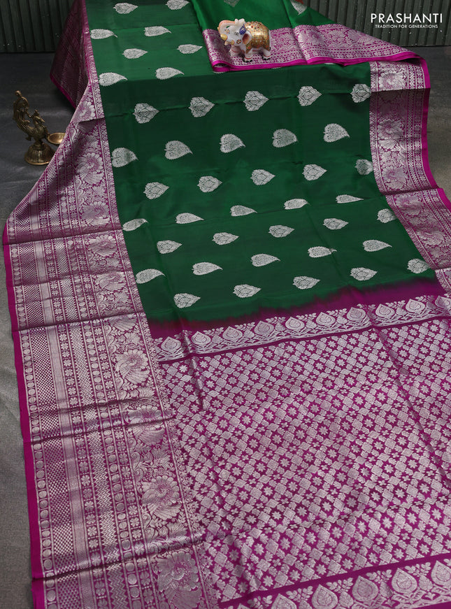 Venkatagiri silk saree green and purple with allover silver zari woven buttas and long silver zari woven border