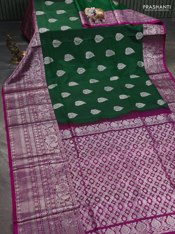 Venkatagiri silk saree green and purple with allover silver zari woven buttas and long silver zari woven border