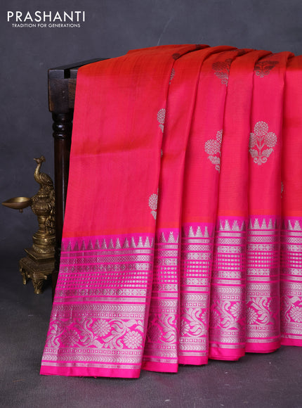 Venkatagiri silk saree dual shade of pinkish orange and pink with allover silver zari woven buttas and long silver zari woven border