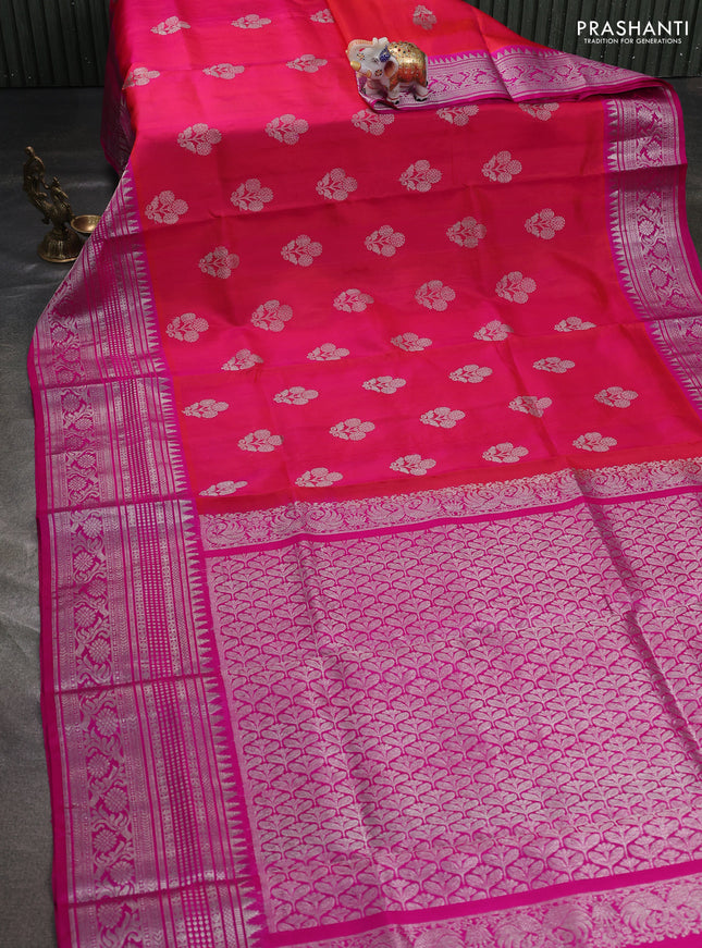 Venkatagiri silk saree dual shade of pinkish orange and pink with allover silver zari woven buttas and long silver zari woven border