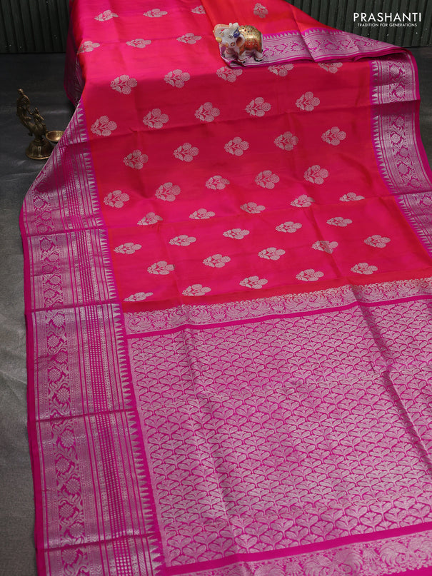 Venkatagiri silk saree dual shade of pinkish orange and pink with allover silver zari woven buttas and long silver zari woven border