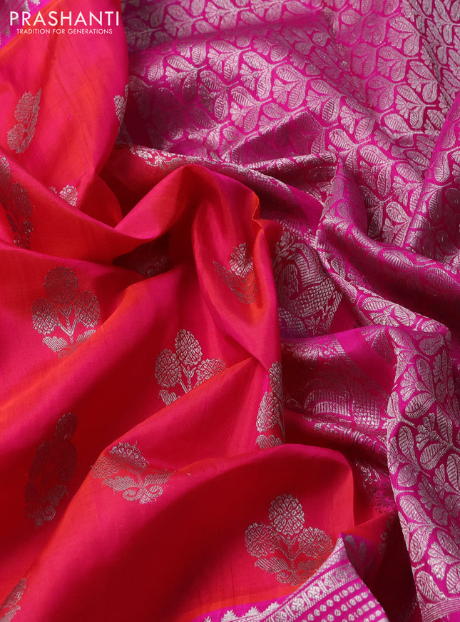 Venkatagiri silk saree dual shade of pinkish orange and pink with allover silver zari woven buttas and long silver zari woven border