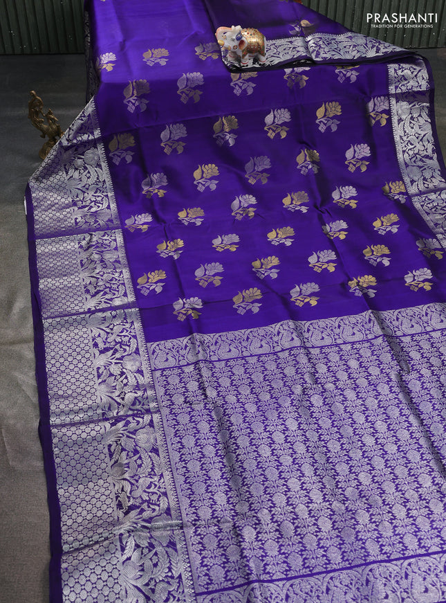 Venkatagiri silk saree blue with silver & gold zari woven buttas and long silver zari woven border