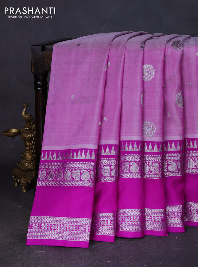 Venkatagiri silk saree lavender and purple with silver zari woven buttas and long rettapet zari woven border