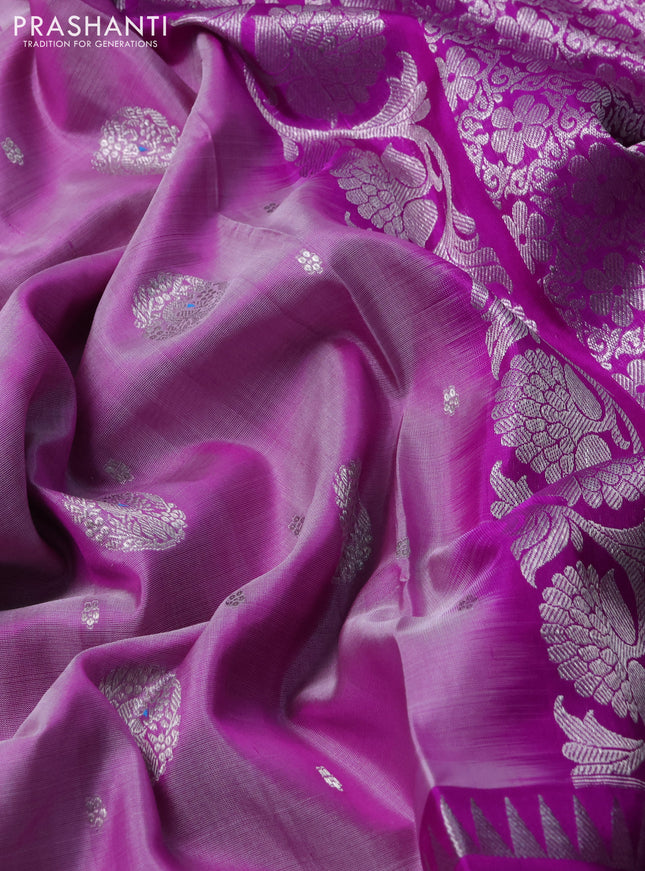 Venkatagiri silk saree lavender and purple with silver zari woven buttas and long rettapet zari woven border